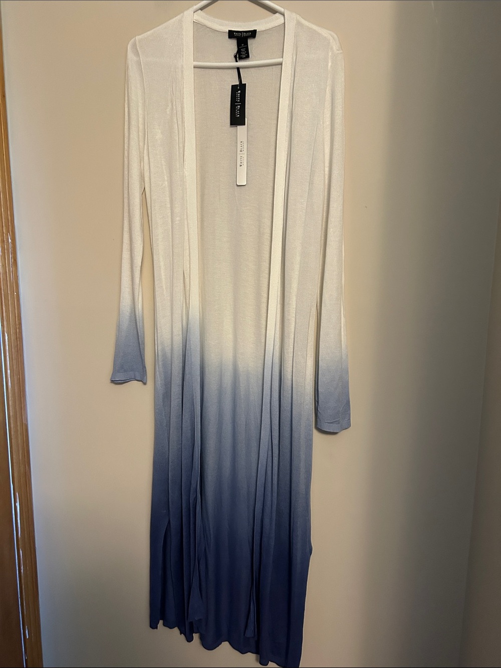 WHBM ankle length 100% rayon long sleeve open front blue/white sweater sz M. NWT
